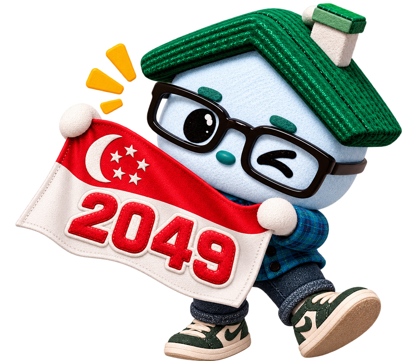 0ZZY mascot holding Singapore 2049 flag